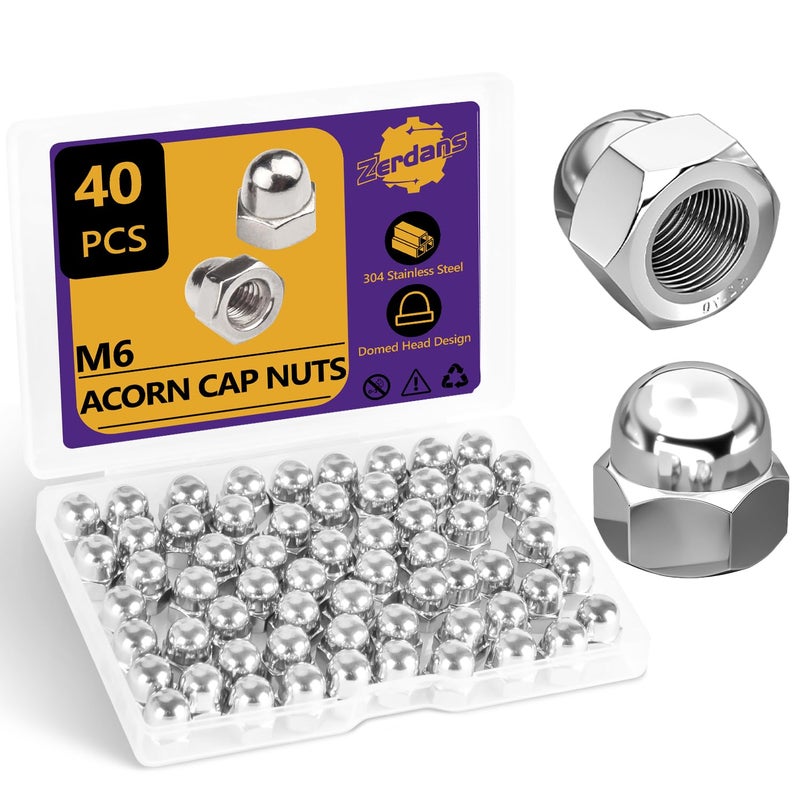 ZerDans M6-1.0mm Acorn Cap Nuts, 40Pcs Metric Hex Acorn Nuts Stainless Steel 18-8 (304) Caps for Indoor Outdoor Bolt Thread Dia Dome Head Hex Kit - Image 1